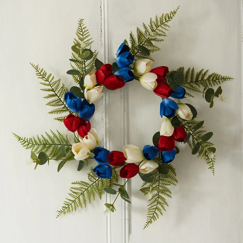 

The 4th Of July Independence Day Silk Tulip Artificial Flower Wreath for Party Home Front Door Window Wall Hanging Garden Decor