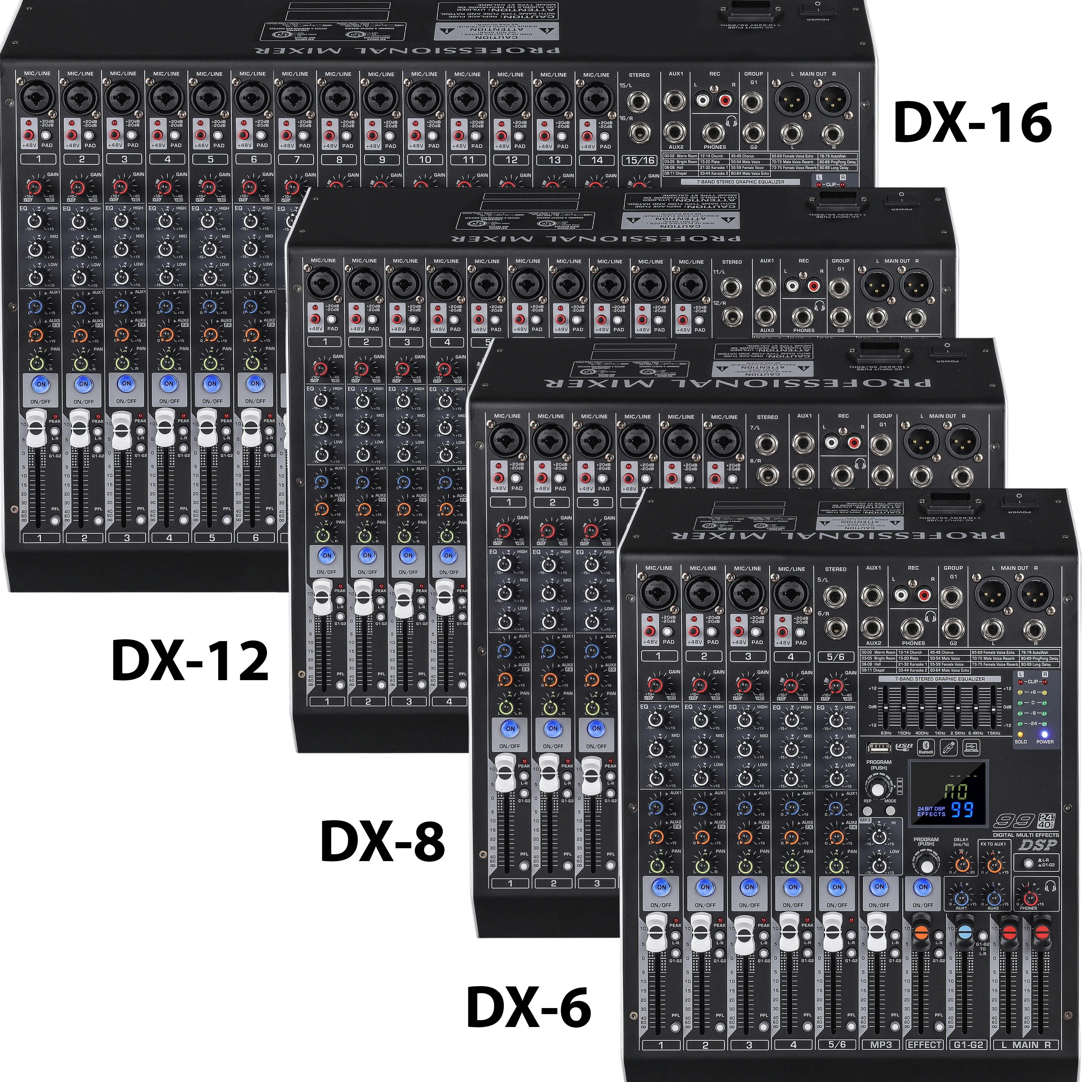 99 DSP Effects Console for Live Stage Professional DX-6 Audio Mixer 6 Channel with 2 Groups,