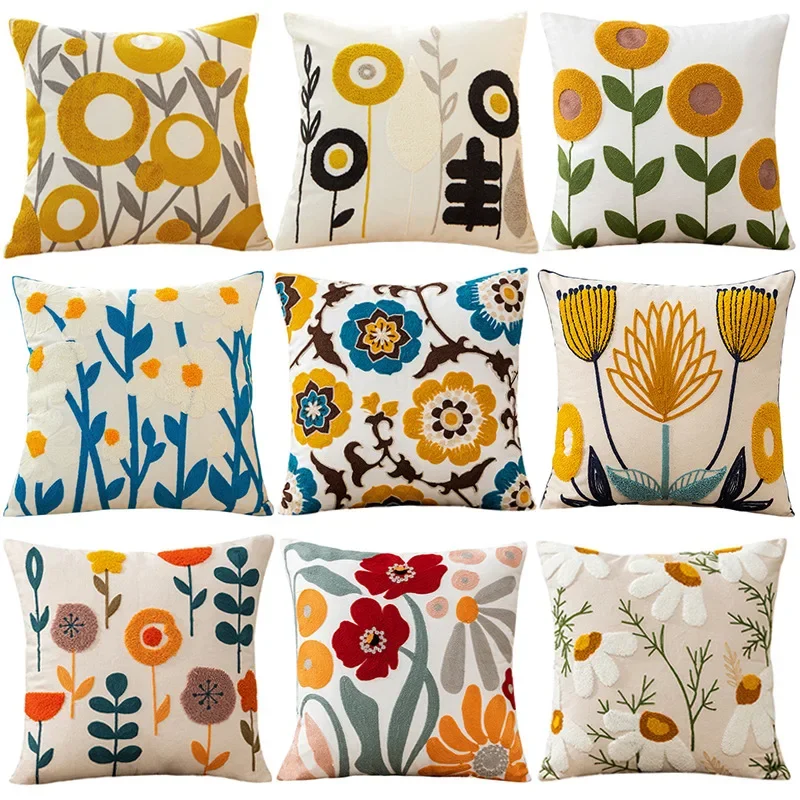 High Quality Towel Embroidered Cotton Flower Embroidered Cushion Cover Home Fabric Bedside Soft Bag Sofa Decorative Pillow Case