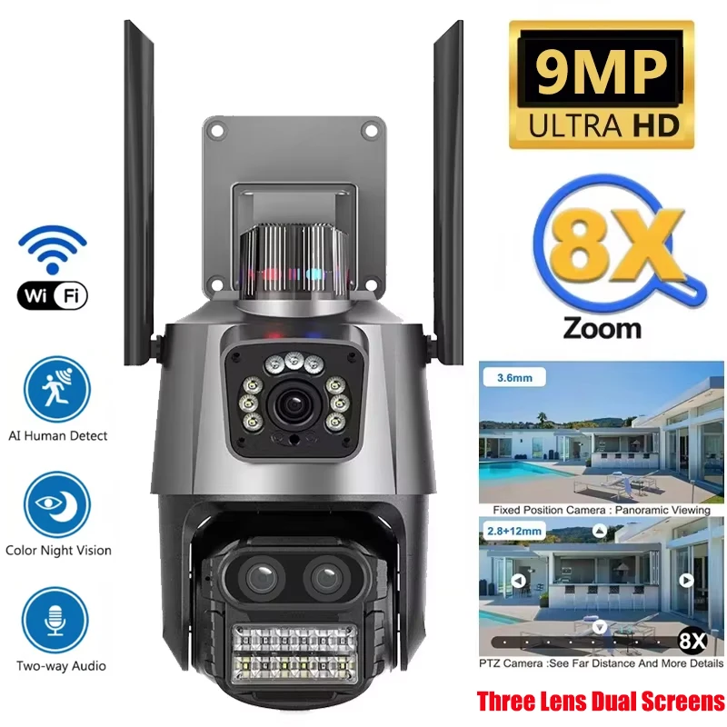 

9MP Outdoor Wifi PTZ Camera 8X Zoom Three Lens Dual Screens Video Surveillance AI Auto Tracking CCTV Security IP Camera