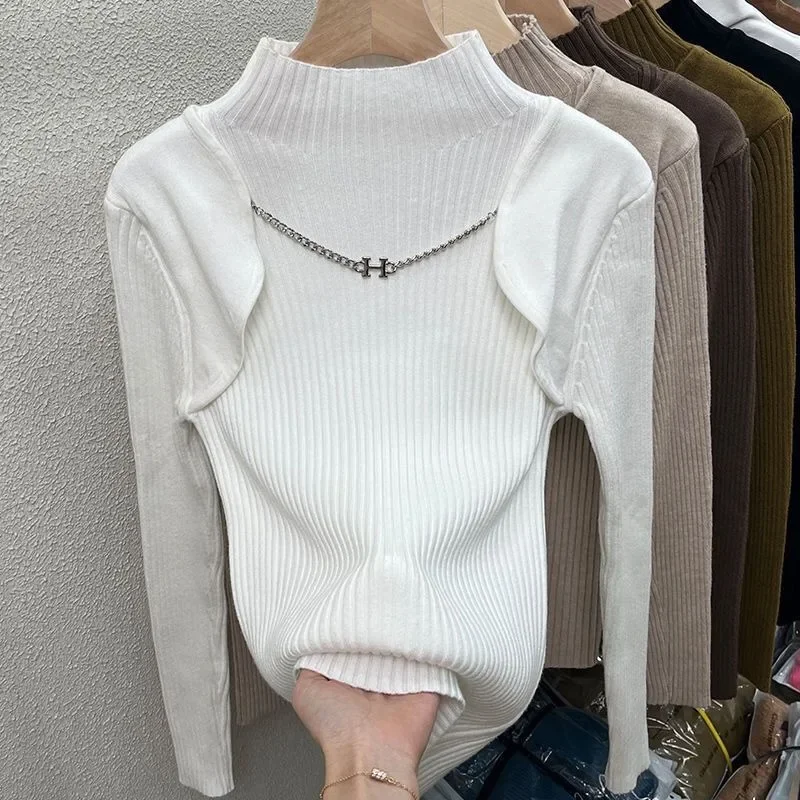 Neploe 2024 Autumn New Half-high Collar Chains Sweaters Mujer Slim Fit Bottoming Tops Women Y2k Long Sleeve Knitted Pullover