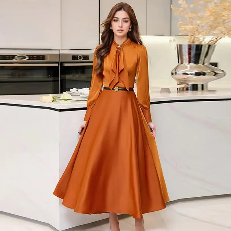 Spring 2024 Fashion Office Lady Aline Casual Dress Women\'s  Elegant Long Sleeve Midi Dress Green Black Vestidos Para Mujer