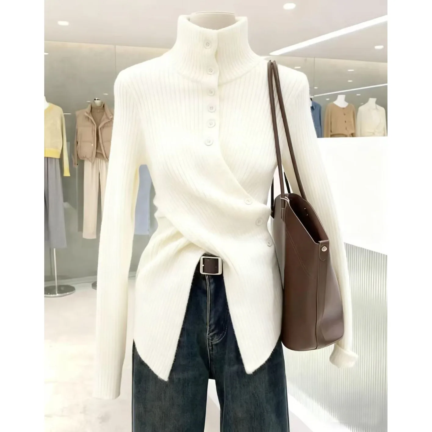 Irregular Cross Design Sweater with Slim Waist Turtleneck Knitted Bottoming Shirt