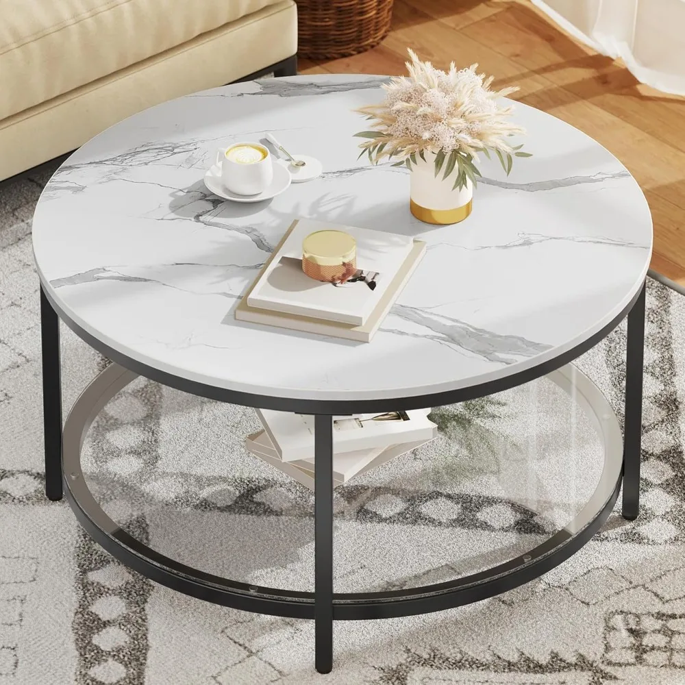 

White Marble Round Coffee Table with Glass for Living Room, 2-Tier Circle Coffee Table with Storage Clear Coffee Table,
