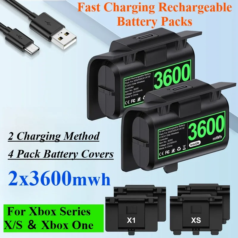 

2x3600mwh Fast Charging Rechargeable Battery Packs For Xbox Series X/S ＆ Xbox One Battery with Charging Cable