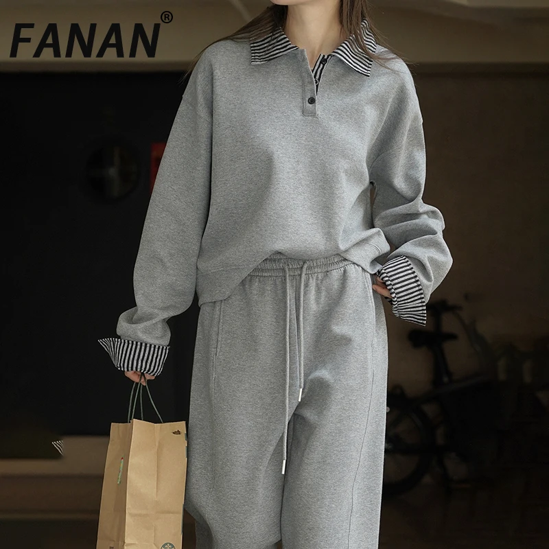 

FANAN пуловер в корейском стиле для женщин, повседневные свободные топы с лацканами и длинными рукавами, женская одежда в стиле минимализм, новинка осени 2023 г.