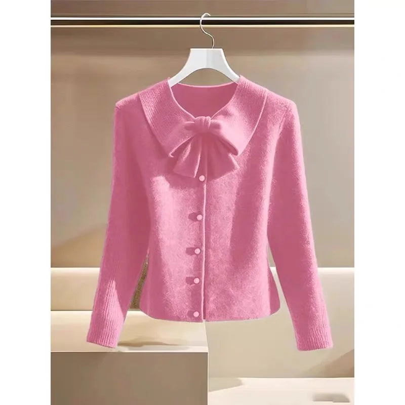 

Autumn Winter Fashion Bow V-neck Solid Sweaters Women's Clothing Elegant Thick Slim Commute Soft Knitted Cardigan JJ211