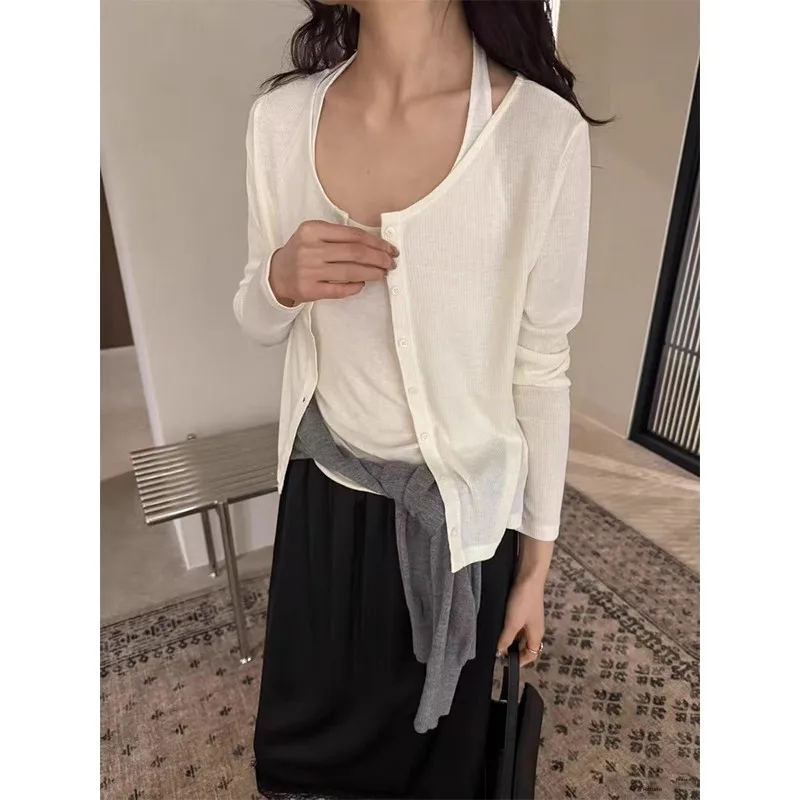 ชุดเซ็ตสองชิ้น เสื้อกั๊กสายเดี่ยวแบบยาวเปิดไหล่ สไตล์หวาน สีพื้น รุ่น Ele Gentle Dongdaemun 25 Autumn Hanging Ne Strap Vest Long Sve Open Cardigan สำหรับผู้หญิง