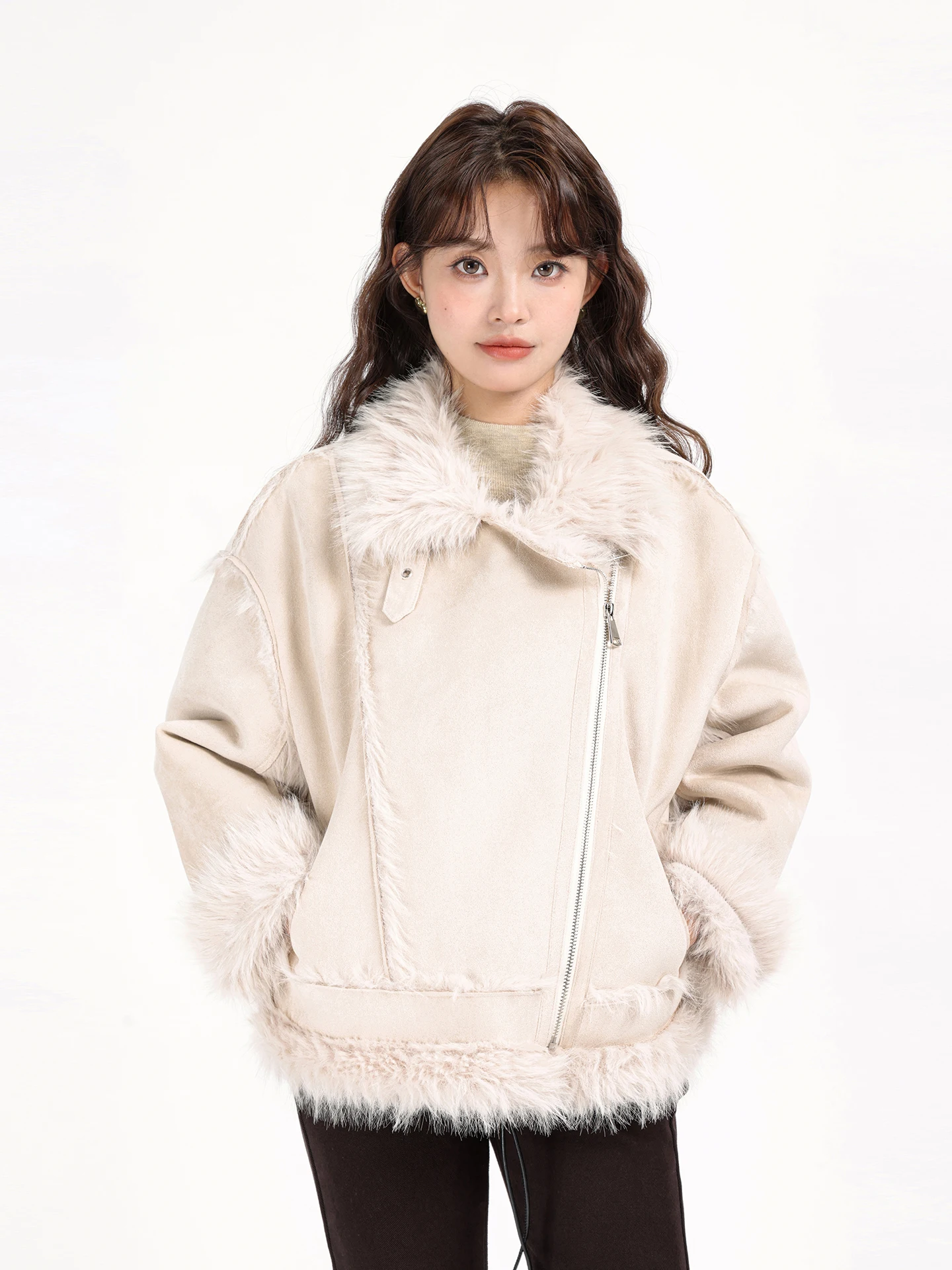 Sli ort camurça Jaet inverno Fce forrado de couro e pele intercada motociclista Faion coreano stand fit casaco feminino