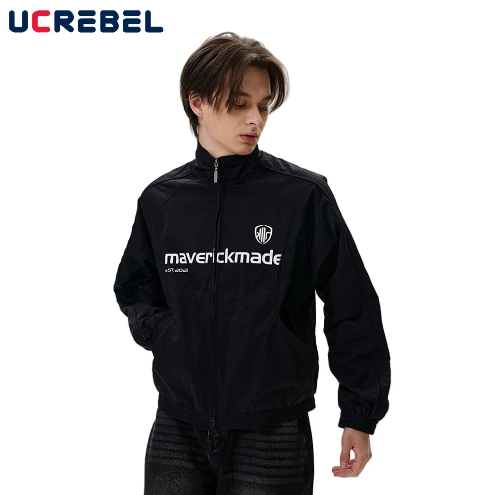 

Letter Double-sided Printed Motorcycle Jacket Mens Autumn Winter High Street Stand Collar Loose Long Sleeve Outerwear Man