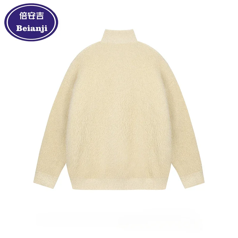 Beinji men's sweater Vintage Color hand-painted duck Half zipper Fashion May Khaki loose half turtleneck sweater