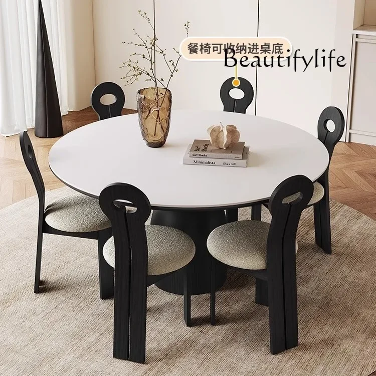

Retro solid wood round dining table light luxury high-end small apartment household Italian minimalist matte white