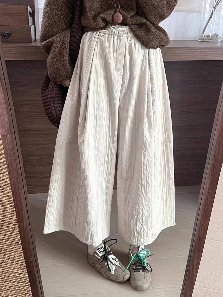 Korean Oversized Wide Leg Pants Women Y2K Winter Thick Warm Loose Casual Pants Elastic Waist Quilted All Match Straight Trousers