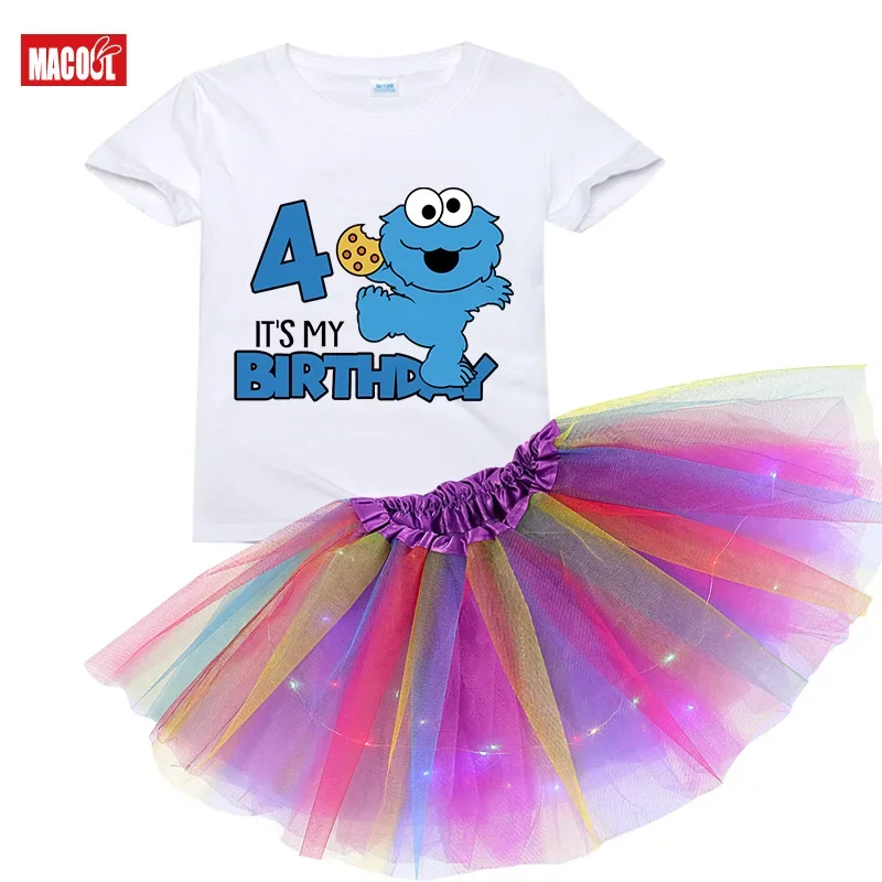 Girls Kids Dress Clothes Short T-shirt+ Glow Sequins Skirts Dress Set 2025 Summer Clothing Birthday Custom Luminous Skirt Suit