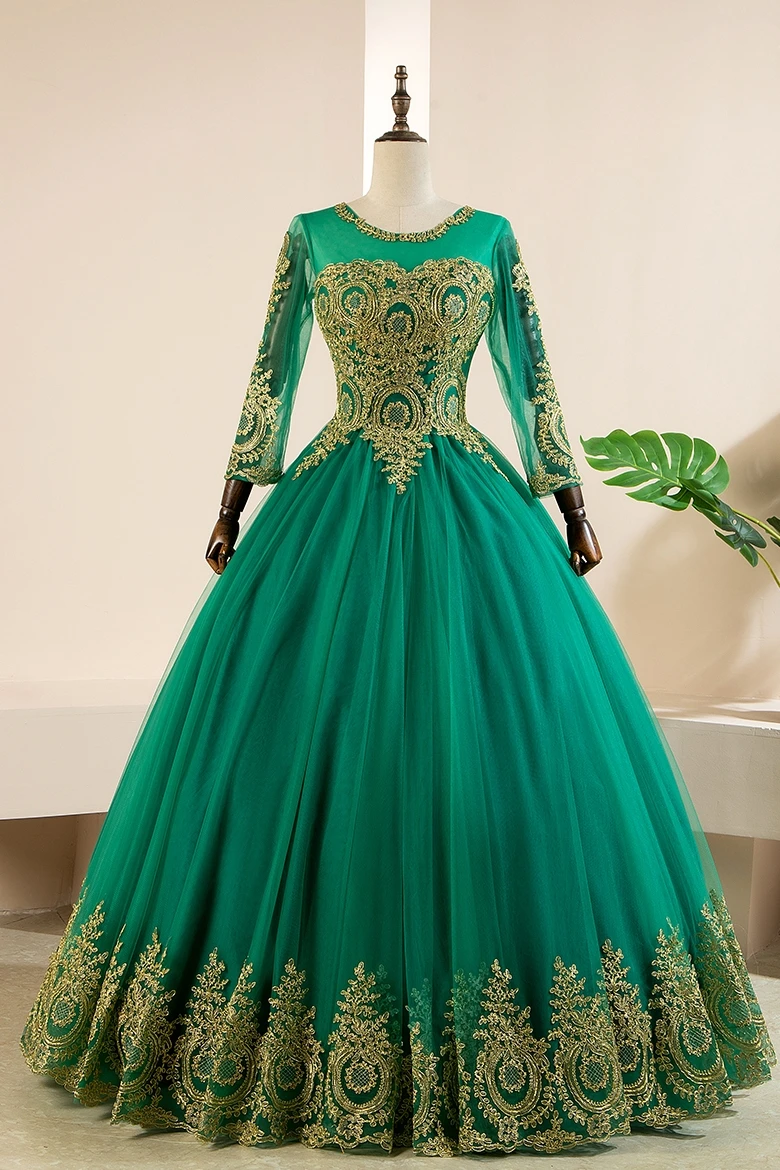 Groene Lange Mouw Quinceanera Jurken Elegante Feestjurk Luxe Kanten Baljurk Klassieke Galajurk Aan Te Passen Vestidos 2023 Nieuw