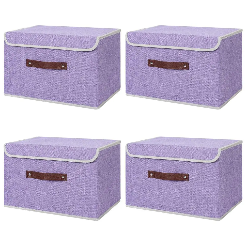 Storage Bins 4-Pack Large Lidded Cotton Linen Fabric PP Plastic Board Boxes Foldable Decorative Home Goods Organizers Covers