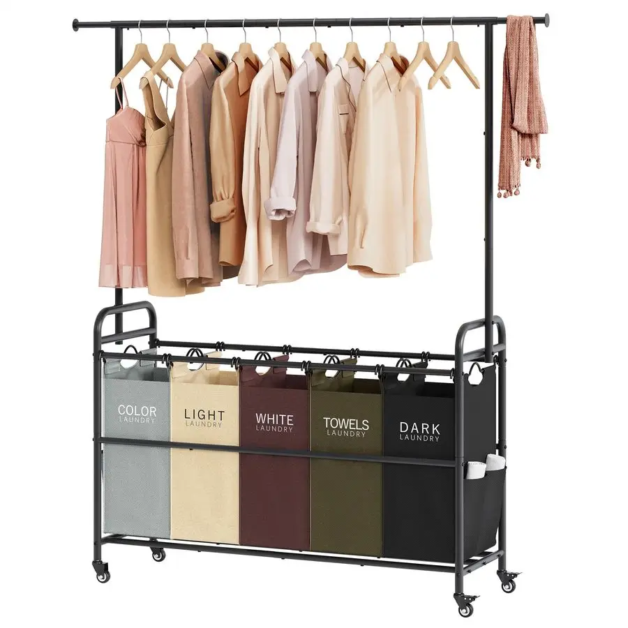 

Laundry Sorter Cart with Hanging Rack, 5 Section Laundry Hamper, 246L 65 Gal. Laundry Basket with Wheels, Removable Hamper Organ