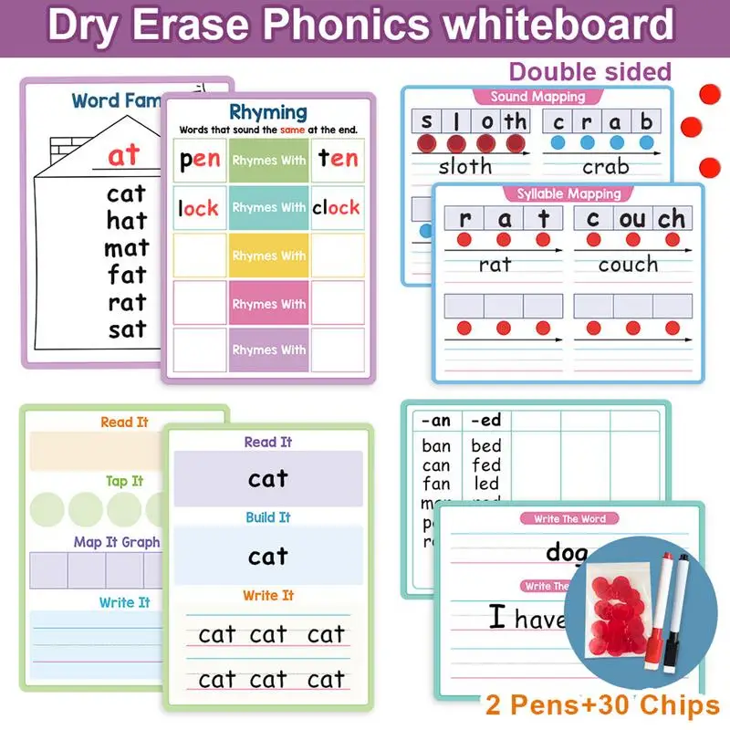 파닉스 학습용 건식 지울 수 있는 보드, 어린이 영어 파닉스 쓰기 패드, 유치원 가정용 풍부한 내용 학습 도구