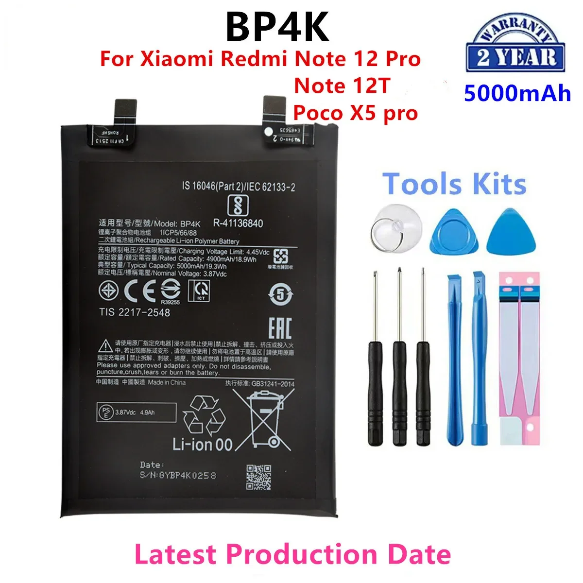 

100% Orginal BP4K 5000mAh For Xiaomi Redmi Note 12 Pro / Note 12T /poco X5 pro Phone Replacement Batteries+Tools