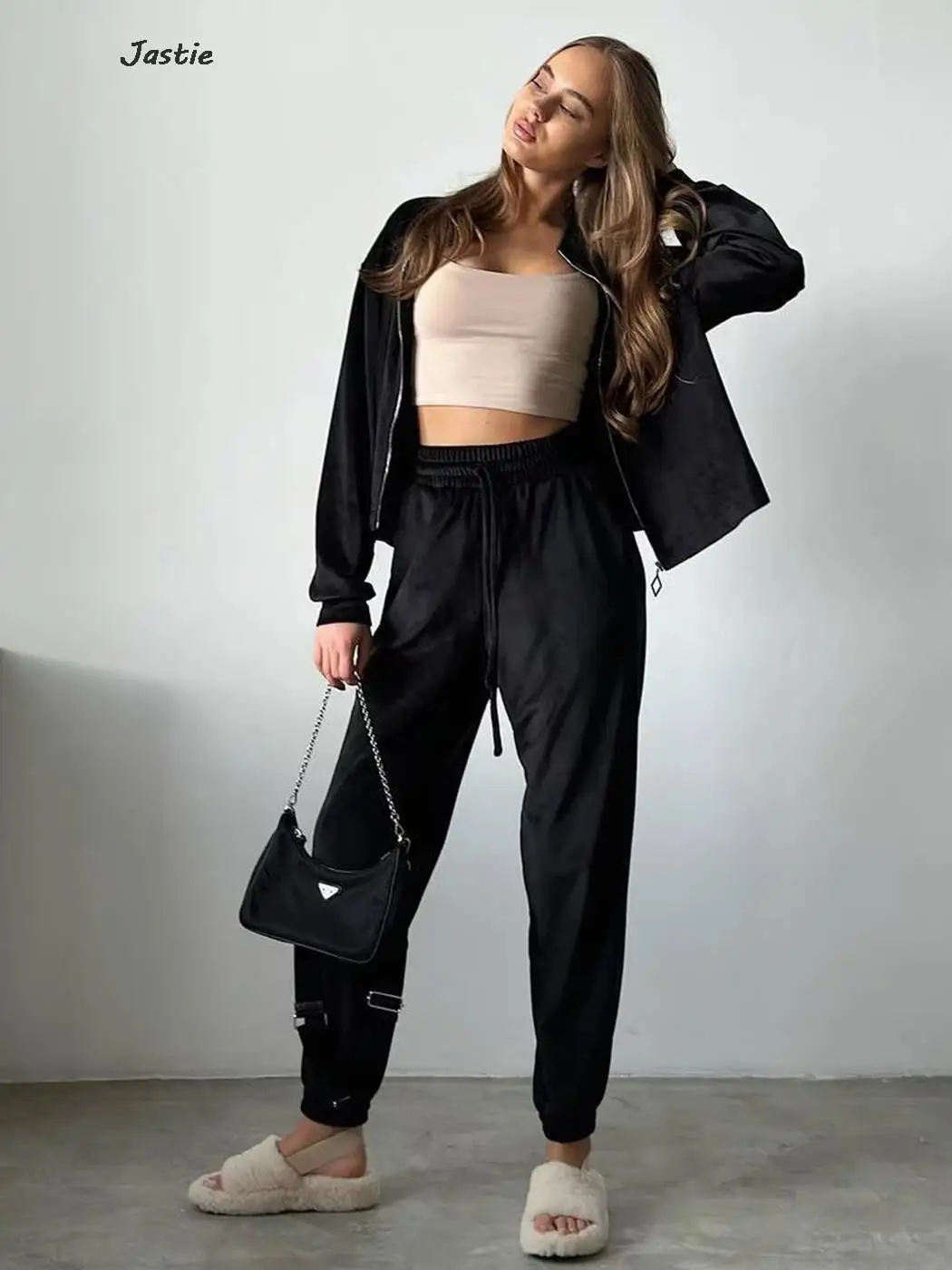 Stand Collar Zip-up Sweatershirt Jogger Pants Sets Elastic Waist Trouser Loose Casual Suit Outwear Velvet Sporty Women Outfits