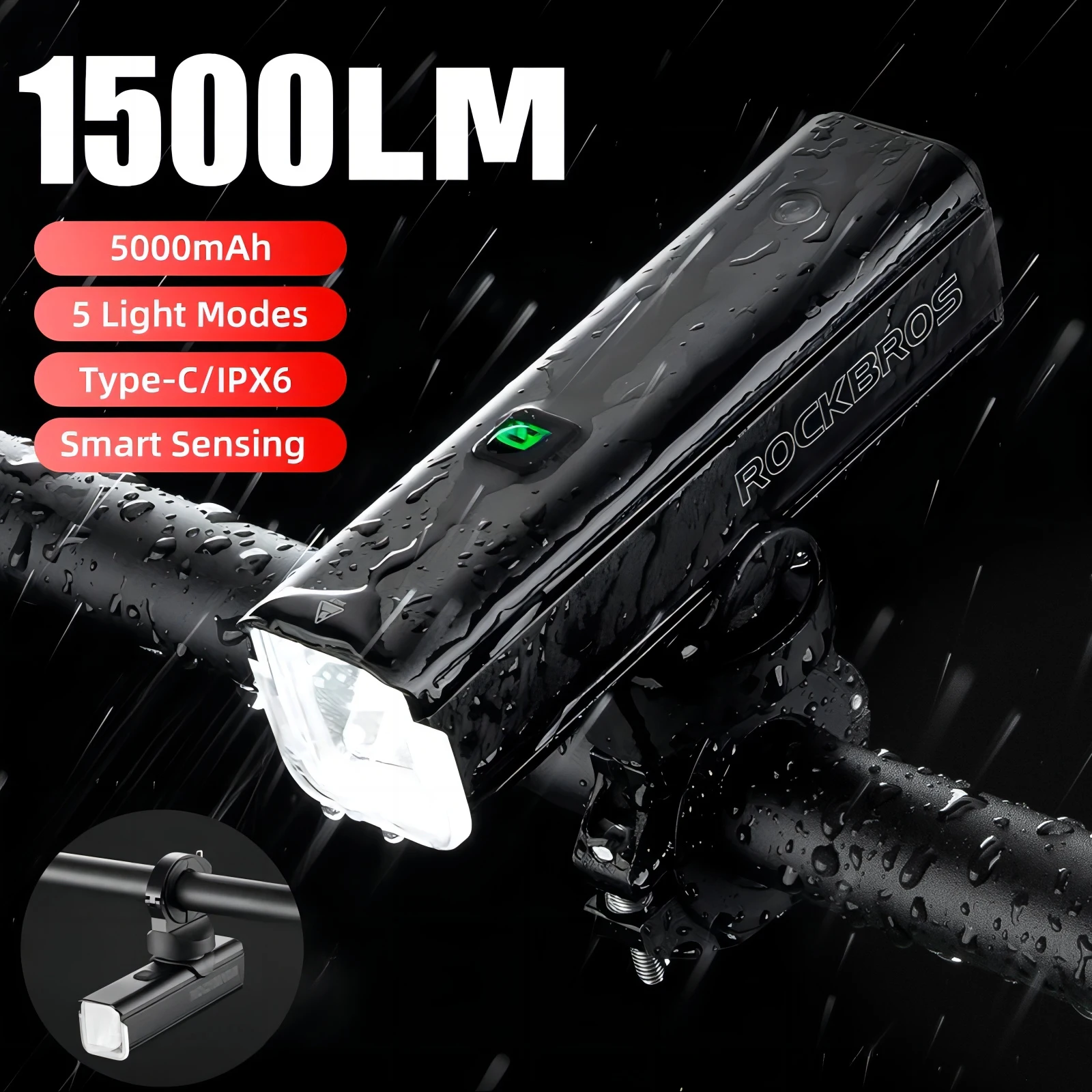 ROCKBROS-Luz LED de aluminio para bicicleta, faro delantero con Control de temperatura, tipo C, IPX6, 1500LM5000mAh