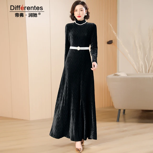 Autumn Winter Women Turtleneck Velvet Dress Navy Black Slight Strech Design Long Dresses Ankle Length Long Sleeve Dress Warm AliExpress