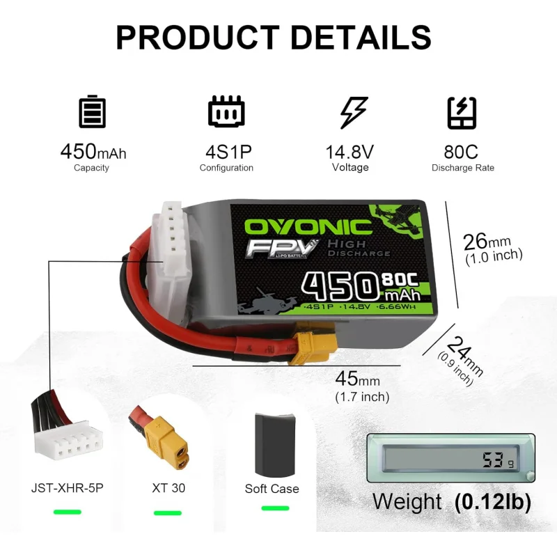 OVONIC 4S Lipo Battery 80C 450mAh 14.8V Lipo Battery with XT30 Connector for RC FPV Racing Drone Quadcopter(4 Packs)