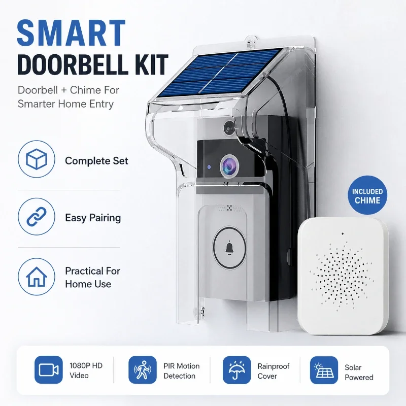 Outdoor Smart Video Doorbell Solar Powered Transparent Rain Cover Night Vision Two‑Way Talk Security Device
