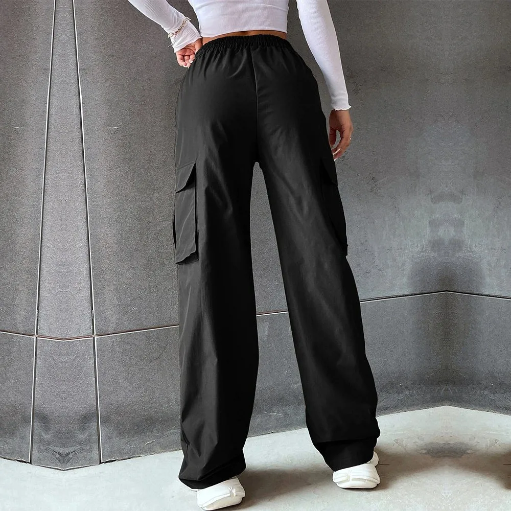 Casual Fashion Pure Color Elastic Waist Pocket Work Pants Women's Cross-Border Clothing High Waist Straight Leg Polyester Fiber
