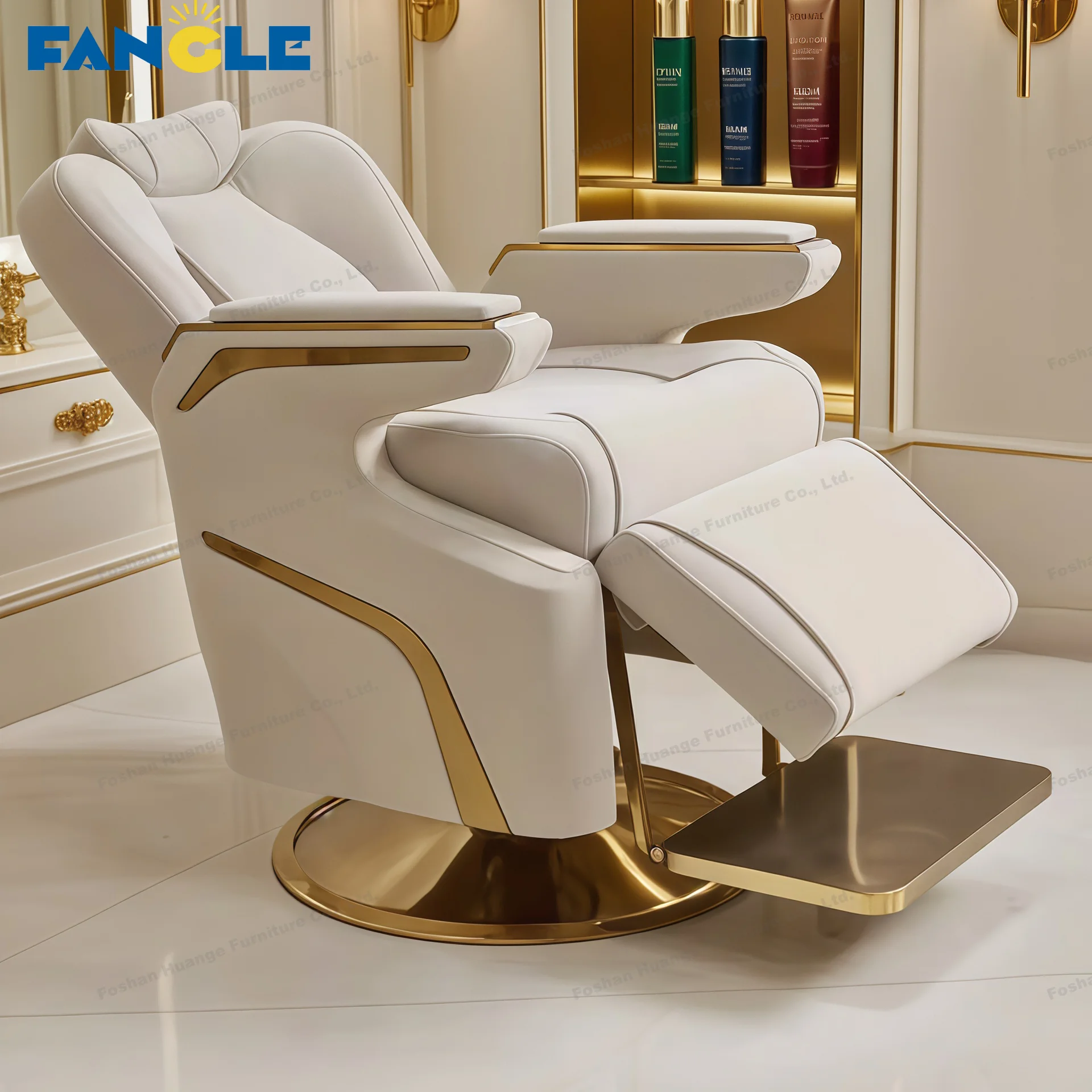AIROW Luxury White Gold Tufted Synthetic Leather Barber Chair Hydraulic Pump Round Base Styling Shaving Chair for Barbershop