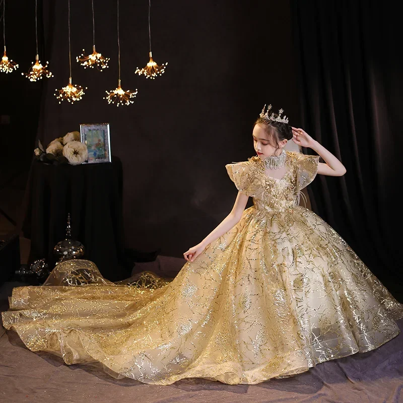 

Custom JDY High High Neck Glitter Sequin Tulle Trailing Flower Girl Dress Wedding Party Gown Birthday Pageant Dress فساتين اطفال
