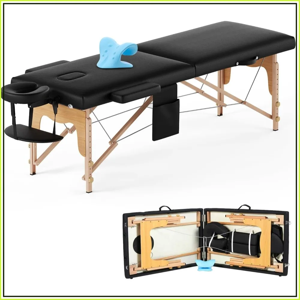 Portable Massage Table with Neck Stretcher, Adjustable Lash Bed for Eyelash Extensions, Black