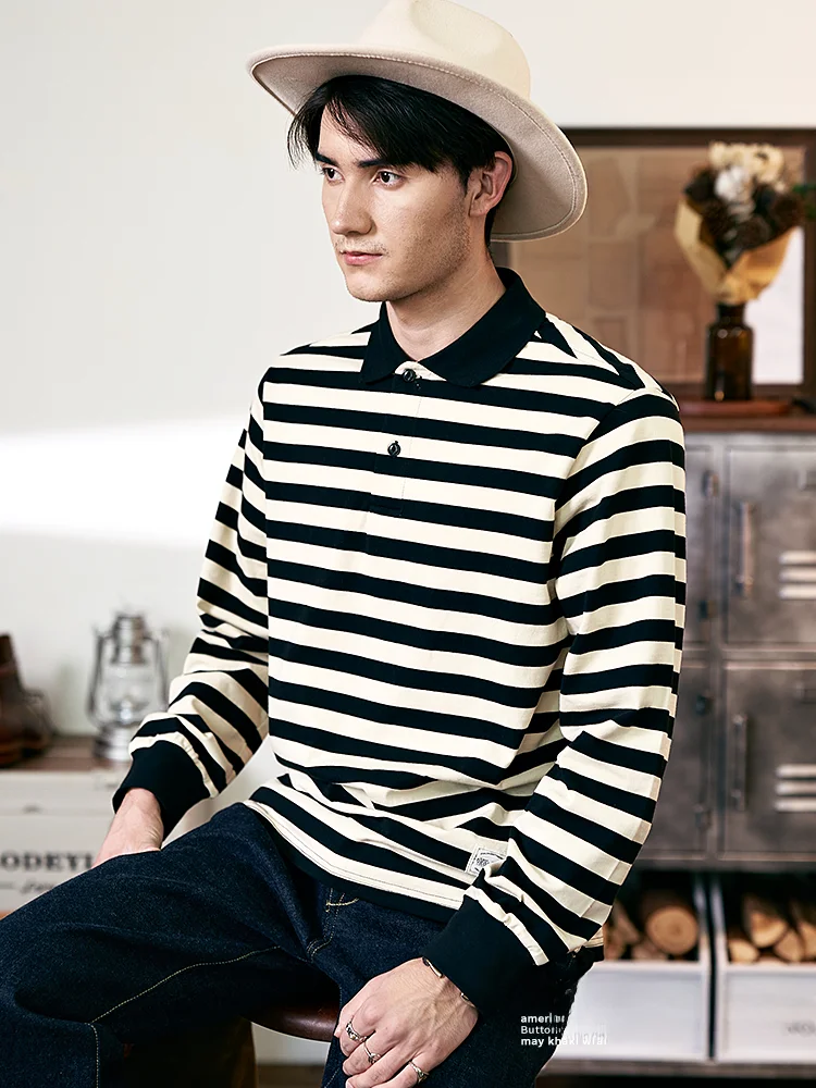 

Autumnal Heavyweight Cotton irt Men's Long Sve Casual Striped T-irt Retro American Sle Faion Urban Wear