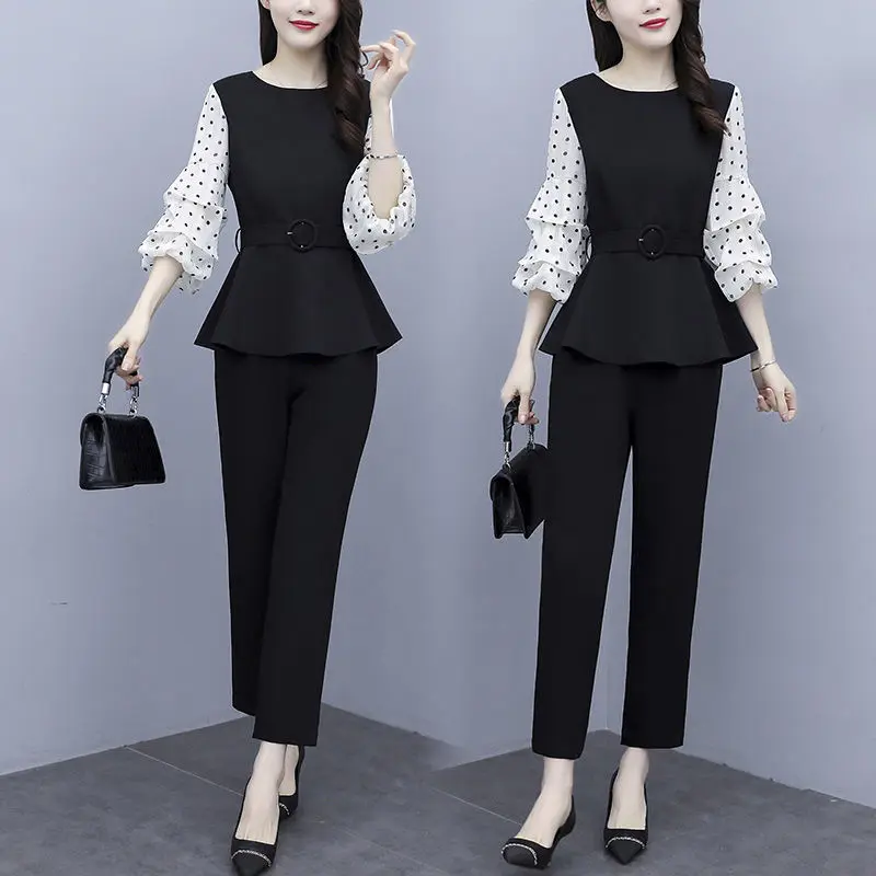 New Waist Closing Slim Wave Point Top Office Professional Harlan Pants Age Reduction 2 Piece Set Temperament Women Suit