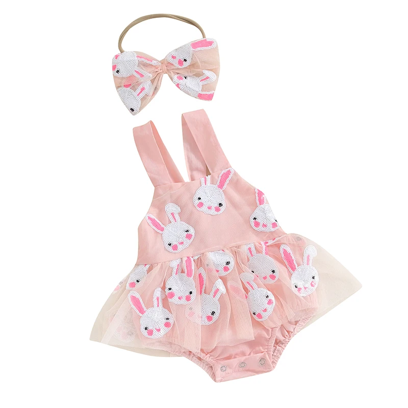 FOCUSNORM 0-24M Infant Baby Girls Romper Outfits Sleeveless Cross Back Rabbit Pattern Mesh Tulle Jumpsuits with Headband