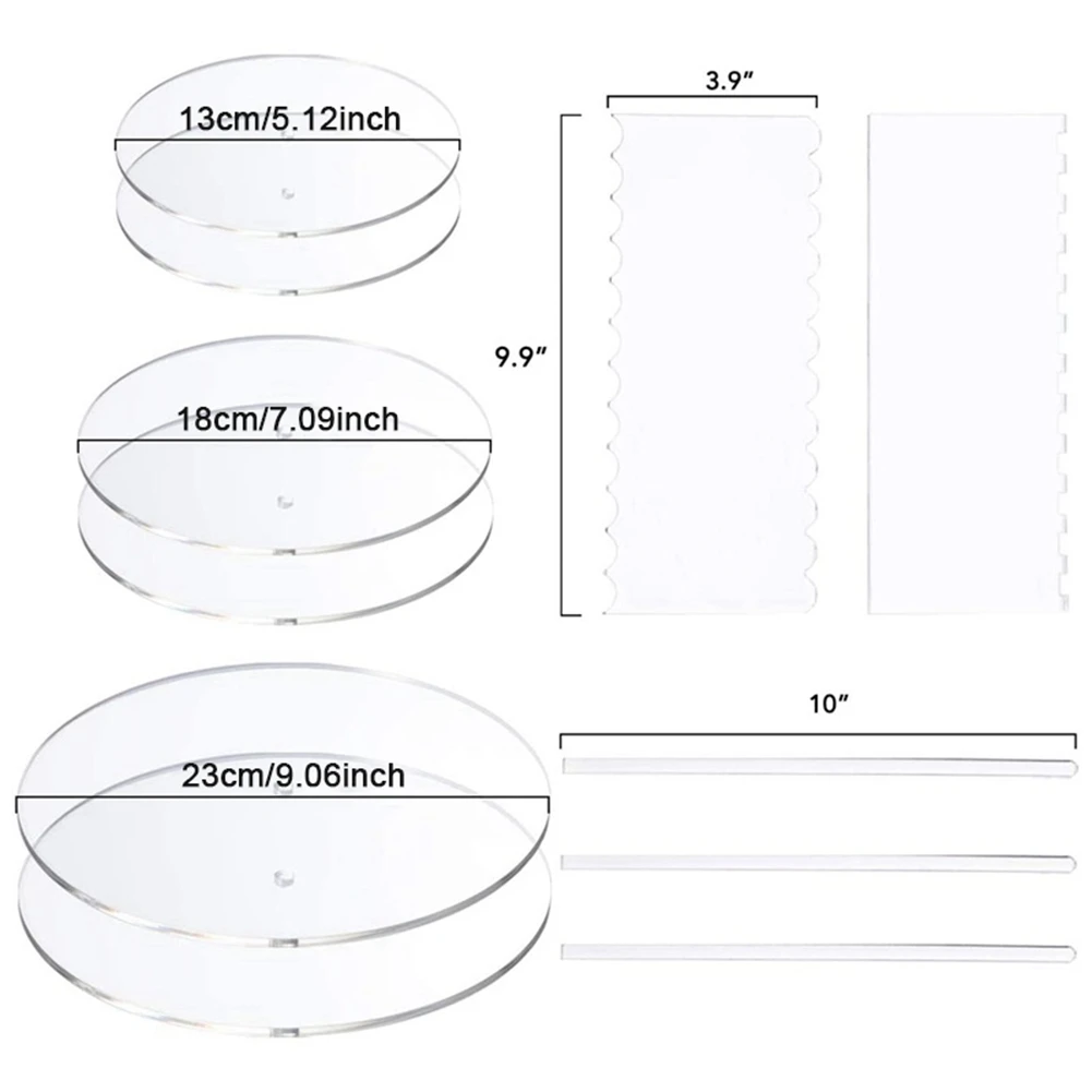 Acrylic Round Cake Disk Set - Cake Discs Circle Base Boards with Center Hole - 2 Comb Scrapers (4 Patterns) & Dowel Rod