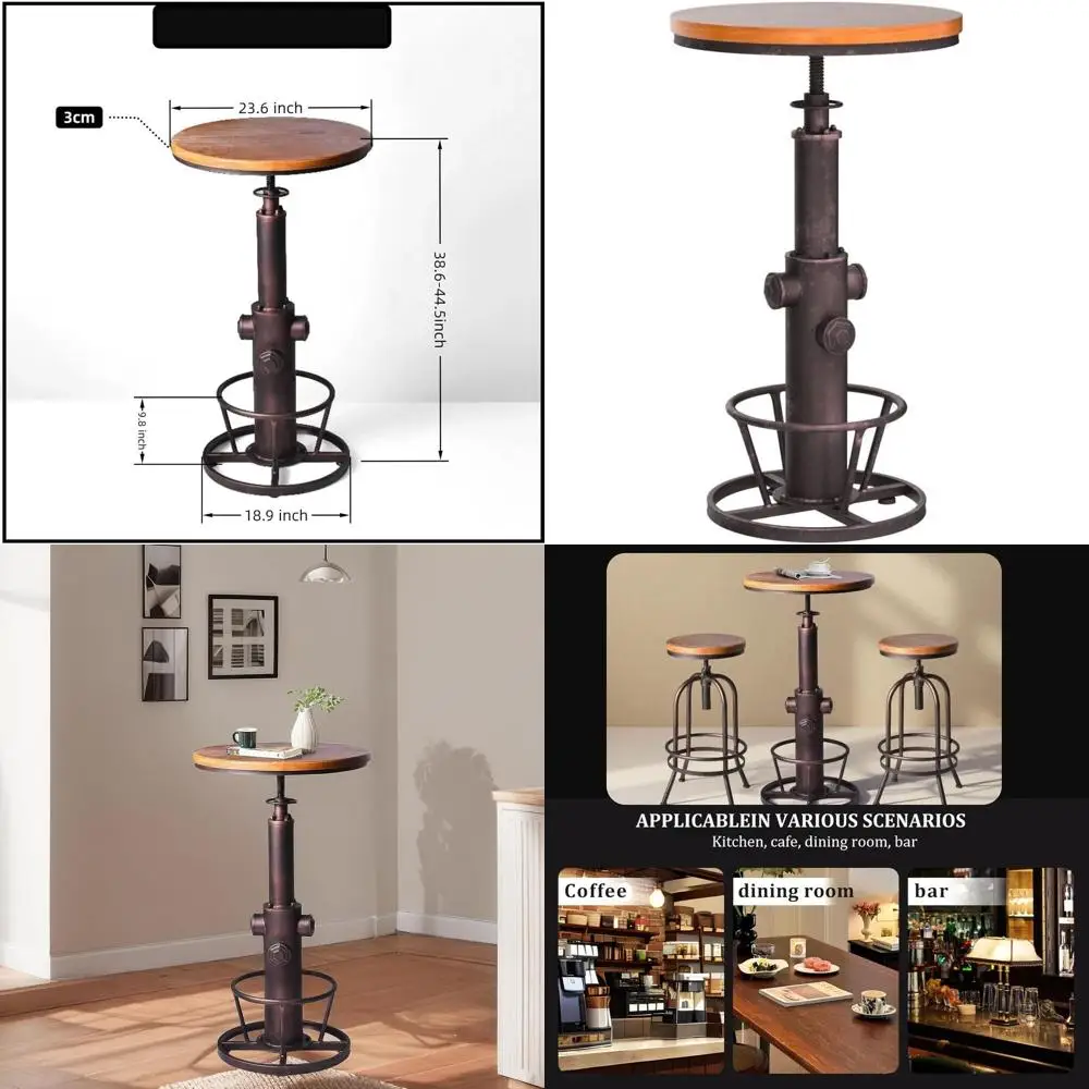 

Vintage Swivel Round Wooden Top Bar Table, Adjustable Height 38.6-44.4, Dining Chair, Bistro Table Design