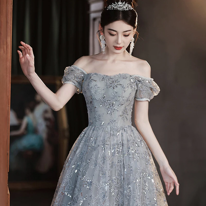 

Light Luxury Grey Evening Dresses Women Elegant Shining Sequins Slim A-Line Prom Gown Off Shoulder Quinceanera Party Dress