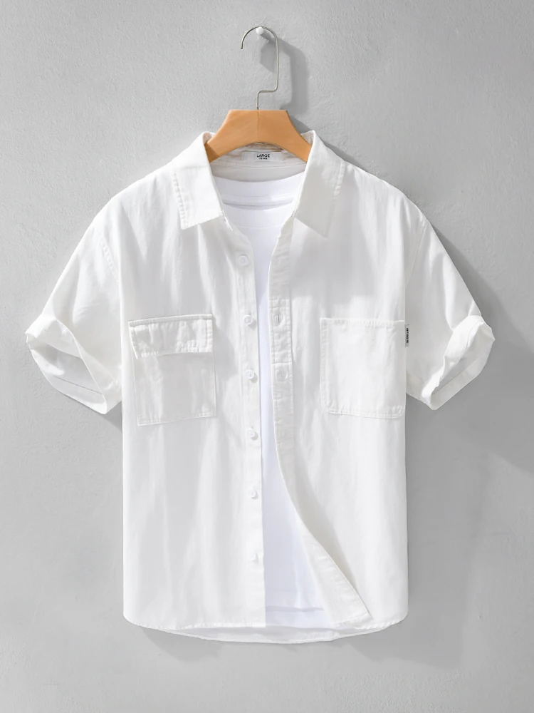 

Летняя мужская рубашка из чистого хлопка с коротким рукавом, с двумя карманами, повседневная, универсальная, в стиле ретро, молодежная, дышащая