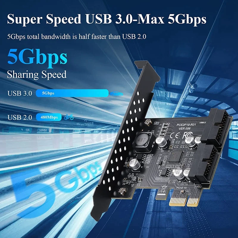 PCIE To 2 Port 19Pin Expansion Card USB 3.2 GEN1 D720201 Super Speed 5Gbps For Windows 11, 10, 8.1, 8