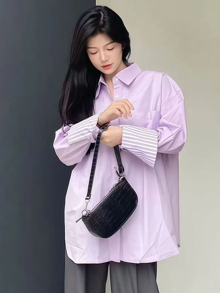 Elegante camisa roxa feminina manga longa vintage doce blusa coreano casual listrado retalhos feminino todos os jogos primavera outono topos