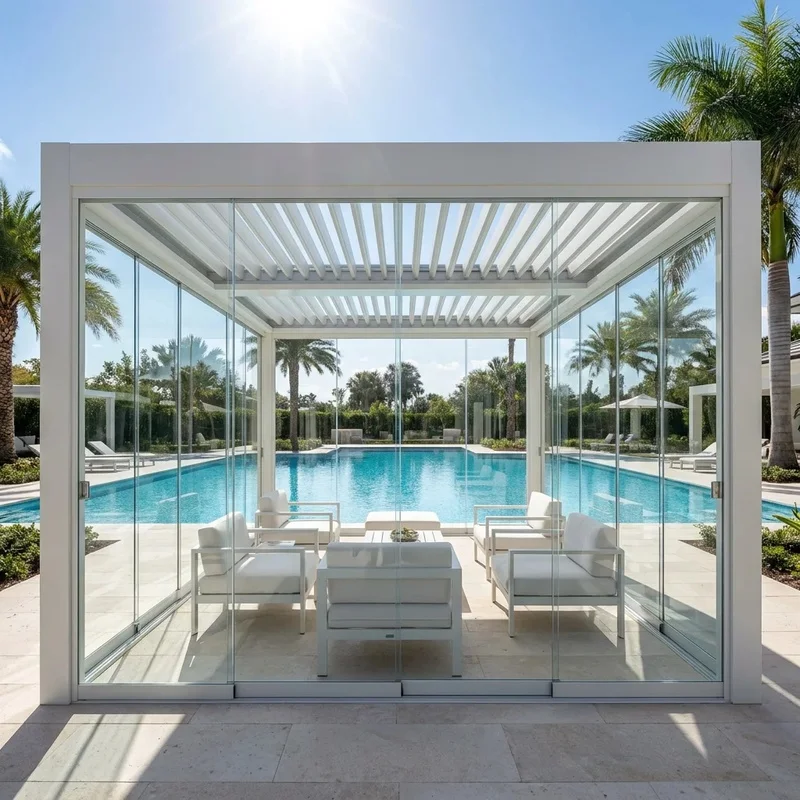 Elegant Glass Enclosed Pergola with Sliding Glass, Motorized Louver Pavilion Private Poolside and Terrace Gazebo