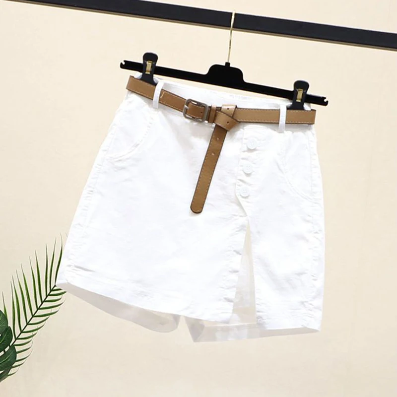 Women 100% Cotton Shorts Korean Casual Patchwork Belt Pockets Solid Button Fashion New All Match Summer Female Chic Shorts