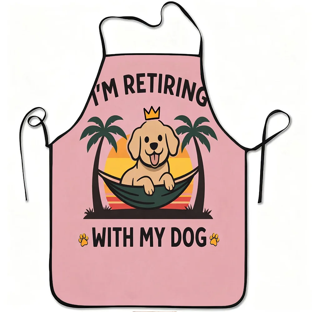 1pc Retiring with My Dog Funny Print Apron, Durable and Easy to Clean, Adjustable Waistband, Polyester Material, for Kitchen Coo