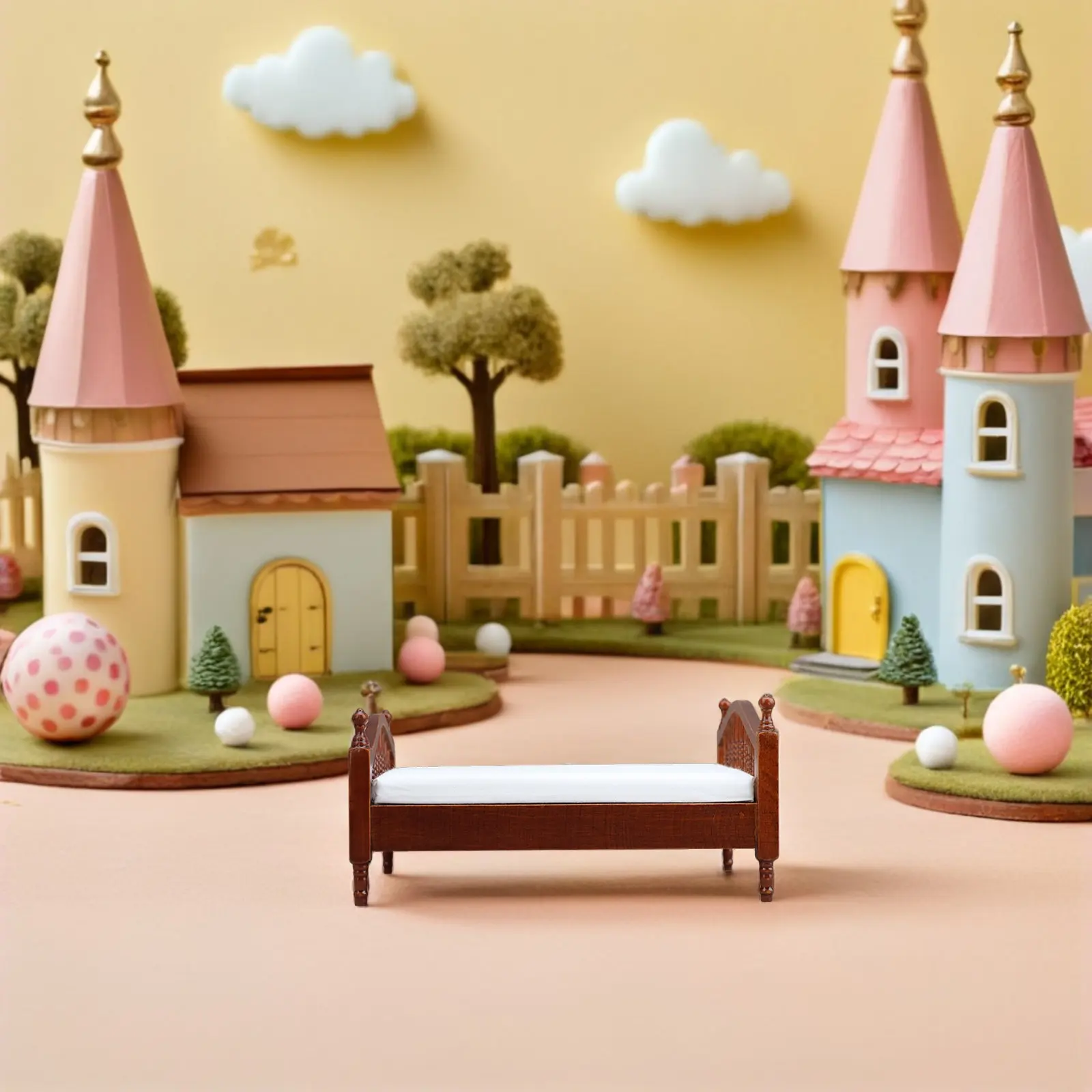 

Miniature Vintage Wooden Double Bed White Linens Dollhouse Bedroom Furniture Accessories Pretend Play Mini Furniture Set