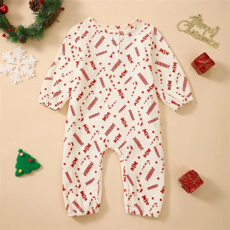 Baby Christmas Jumpsuit Long Sleeve Candy Cane Print Romper Outfit Newborn Xmas Clothes