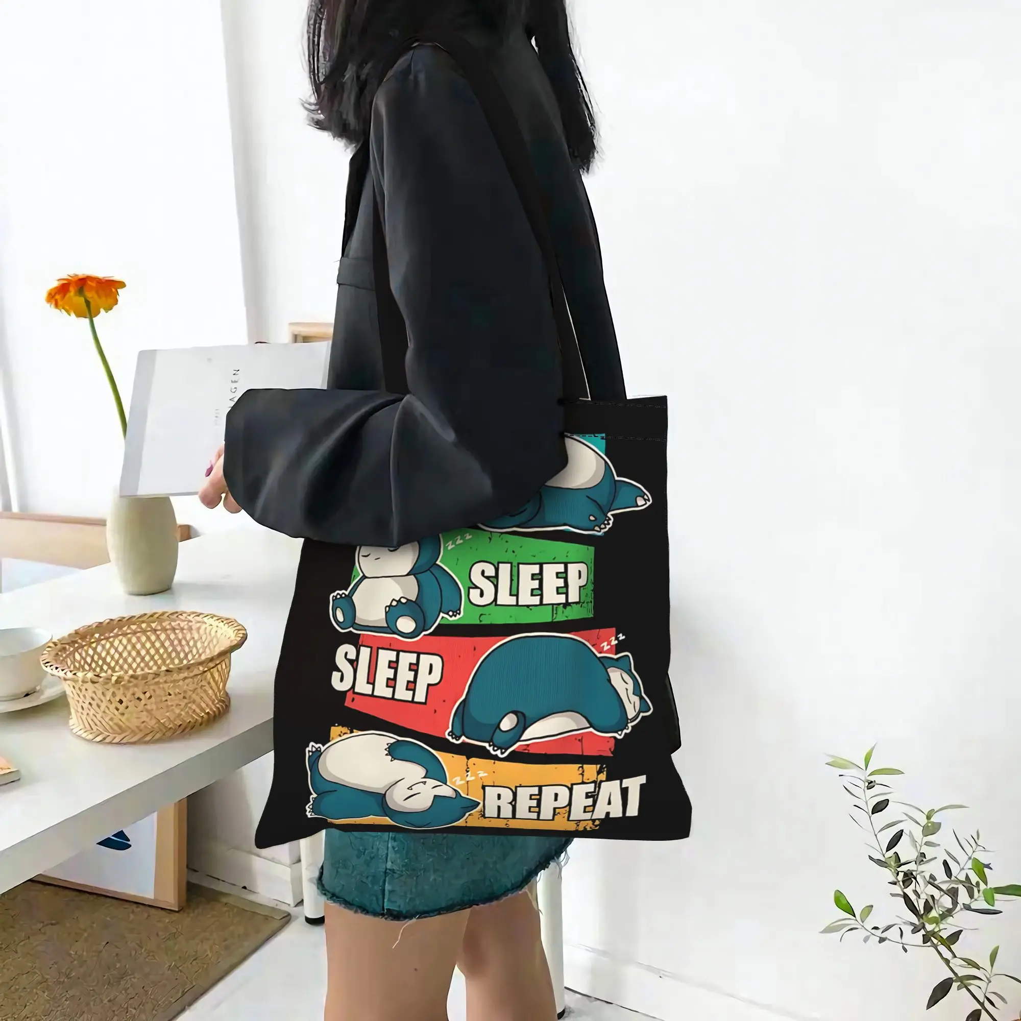 Customized Pokemon Women's Bag Campus Handbag Large Capacity I Need Sleep Canvas Tote Bag Foldable Chic Pattern