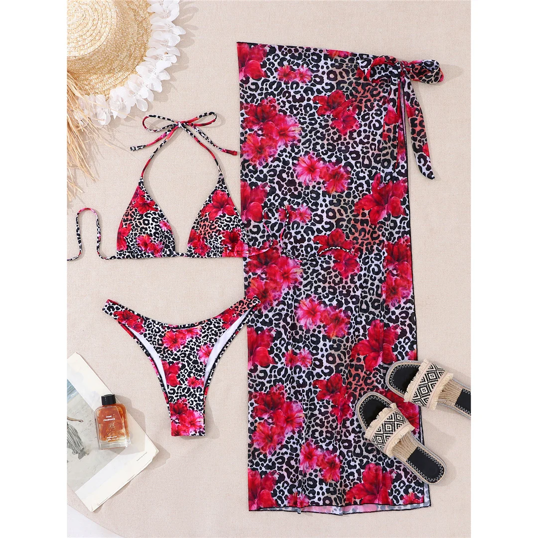 Mit Sarong Leopard Blumenmuster Bikini Damen Badeanzug Frauen Bademode Dreiteiliges Bikini-Set Badebekleidung Badeanzug Schwimmen V8194 – Detail 6