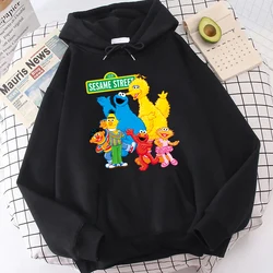 Sesame Street Printed Women's Autumn and Winter Hoodie Plus Fleece Sweater Black Loose Top