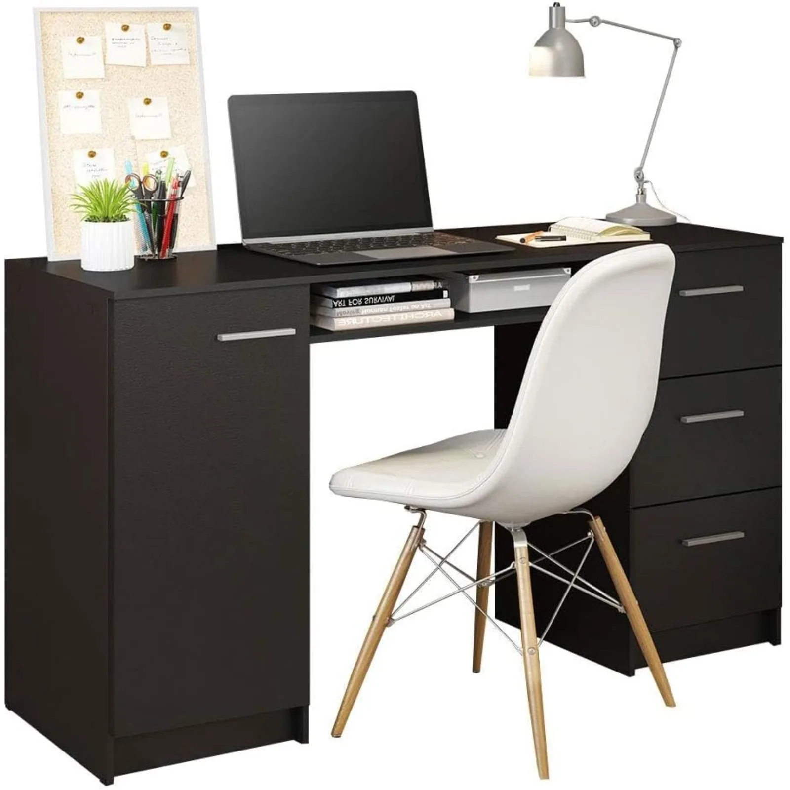 

US Computer Desk with 3 Drawers, 1 Door and 1 Storage Shelf, Wood Writing Home Office Workstation, Office Desk with